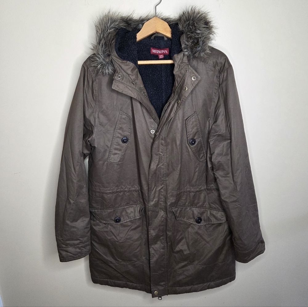 Merona | Brown Coat with Faux Fur Trim Hood Size Medium Zip & Snap Front